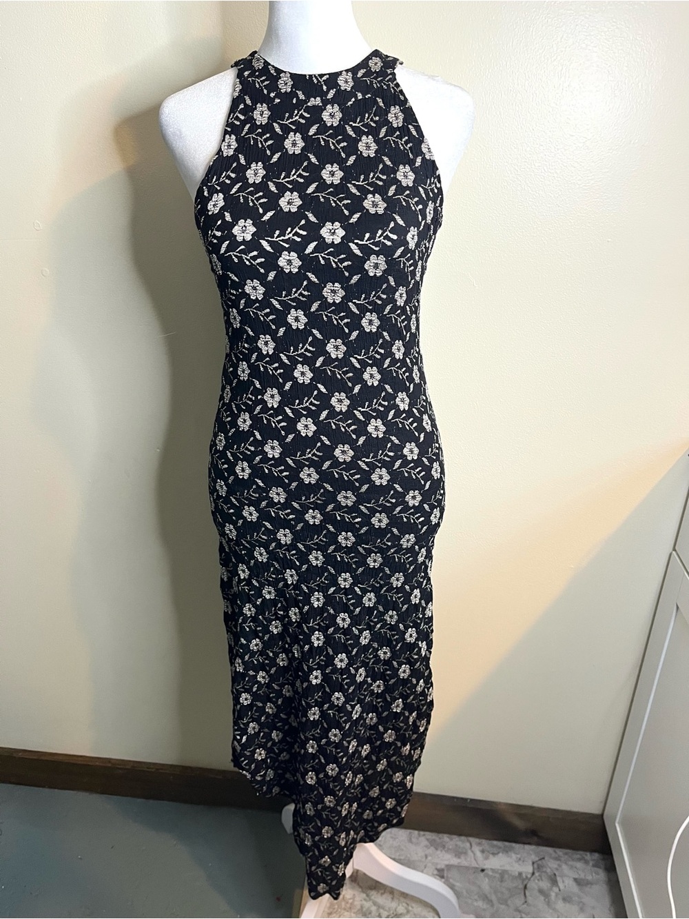 Free People Sleeveless Black Gold Floral Midi Bodycon Dress